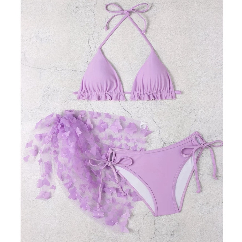 Ruffle Side Tie Butterfly Bikini w/ Skirt 3 Piece Swimsuit Set with Cover Up XL